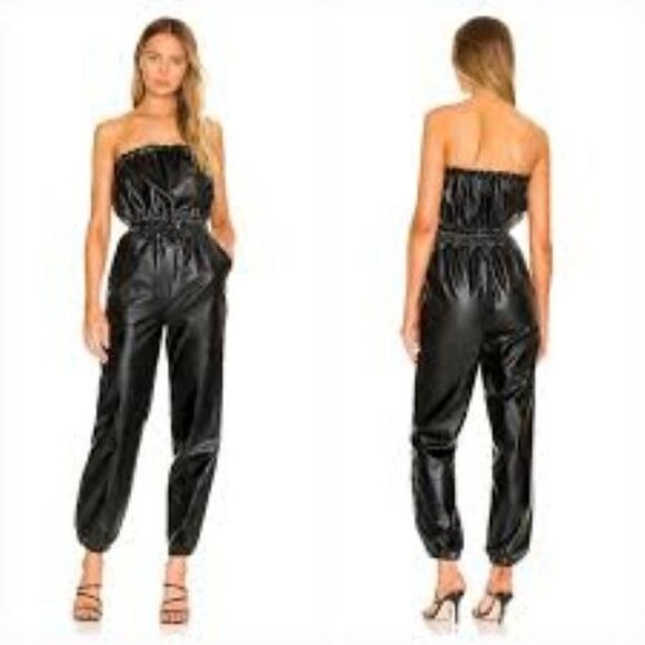 Lovers + Friends Pants - Lovers + Friends Vegan Leather Strapless Jumpsuit Smocked Waist Size M Goth